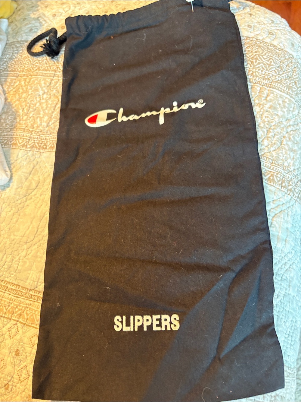 Champion Black Drawstring Slippers Pouch with Logo